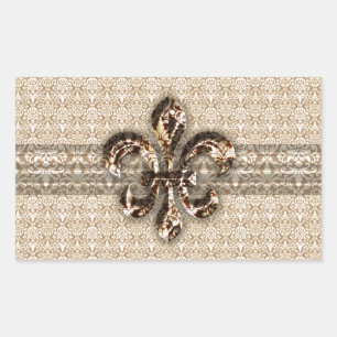 Golden Fleur De Lis med Cream Damask Pattern Rektangulärt Klistermärke