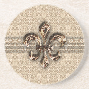 Golden Fleur De Lis med Cream Damask Pattern Underlägg Sandsten