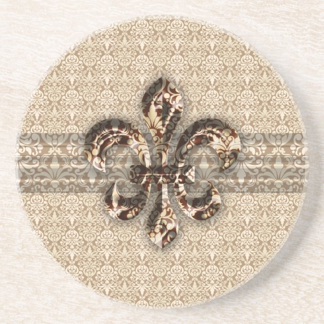 Golden Fleur De Lis med Cream Damask Pattern Underlägg Sandsten (Framsidan)