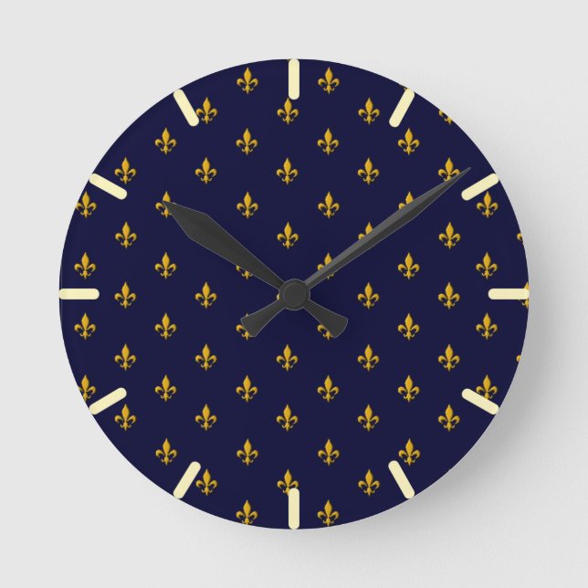 Golden Fleur de Lis på marinblått Rund Klocka (Framsida)