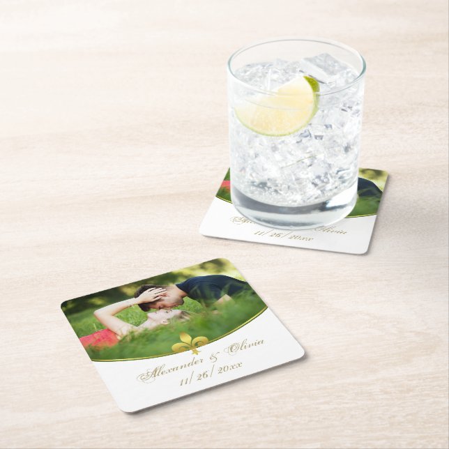 Golden Fleur de Lis Photo Bröllop Pappra Underlägg (Insitu)