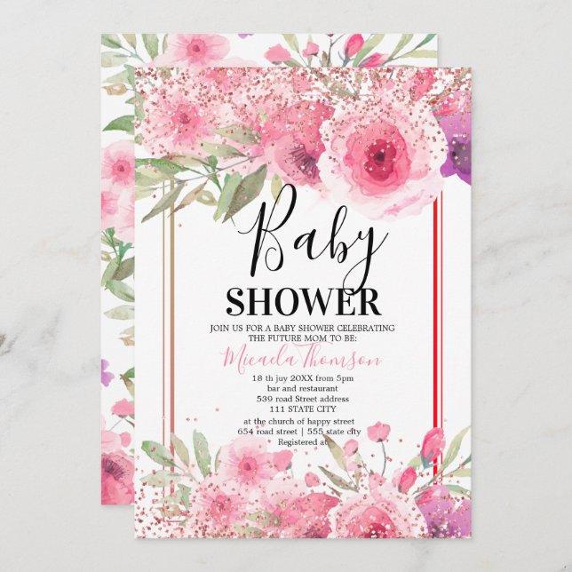 Golden floral cake for baby shower inbjudningar (Fram/baksida)