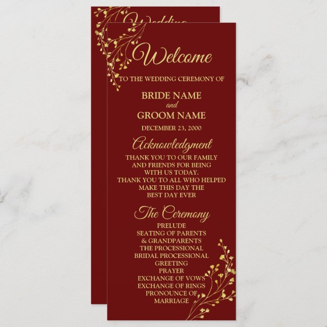 Golden Floral Geometric Wreath Red Wedding Program (Fram/baksida)