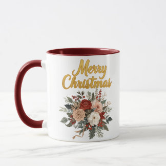 Golden Floral Merry Christmas Bouquet Mugg