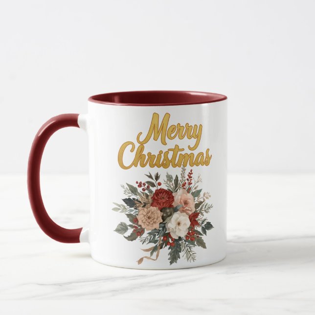 Golden Floral Merry Christmas Bouquet Mugg (Vänster)