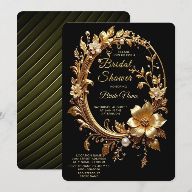 Golden Floral Ornate Frame Bridal Shower Inbjudningar (Fram/baksida)