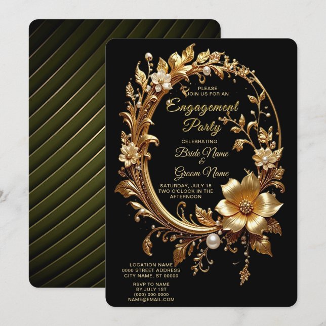 Golden Floral Ornate Frame Engagement Invitation Inbjudningar (Fram/baksida)