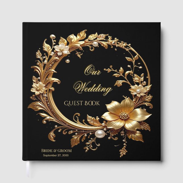 Golden Floral Ornate Frame Guest Book Gästböcker (Framsida)