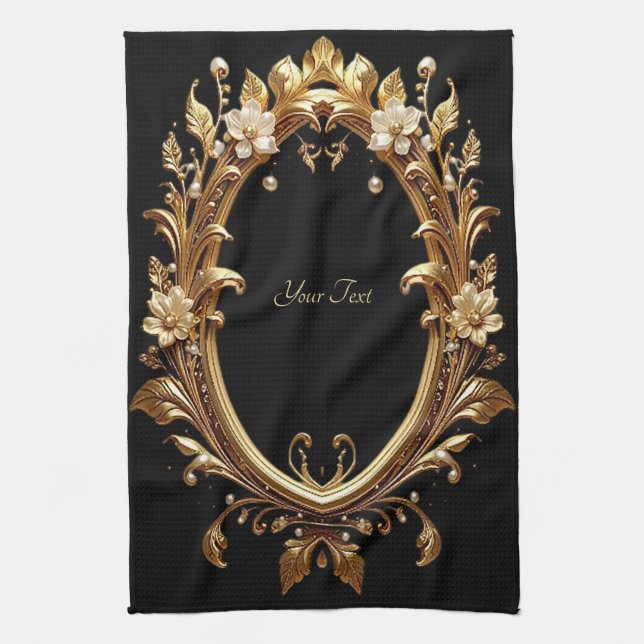 Golden Floral Ornate Frame Kitchen Towel Kökshandduk (Vertikal)