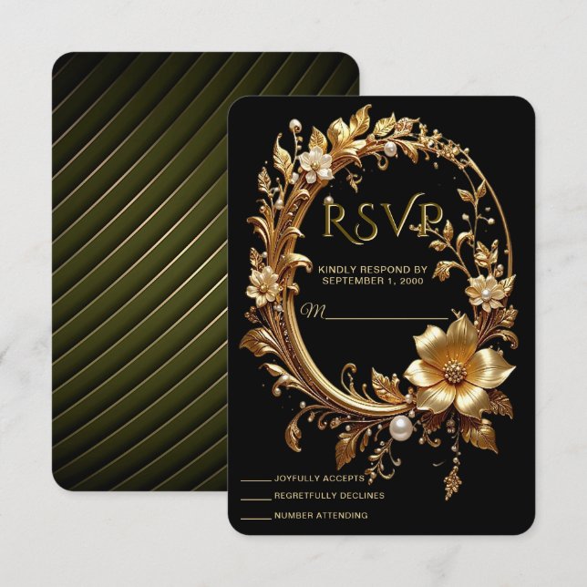Golden Floral Ornate Frame RSVP Card OSA Kort (Fram/baksida)