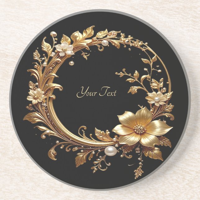 Golden Floral Ornate Frame Sandstone Coaster Underlägg (Framsidan)