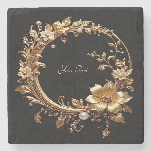 Golden Floral Ornate Frame Stone Coaster Stenunderlägg (Framsidan)