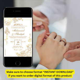 Golden Flower Modern Muslim Bröllop Nikah Inbjudningar