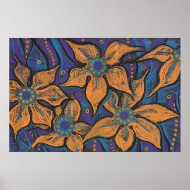Golden Flowers, abstrakt blommigt art, lila orange Poster (Framsidan)