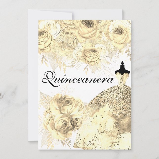 Golden Flowers Elegant Dress Quinceanera Party Inbjudningar (Framsida)
