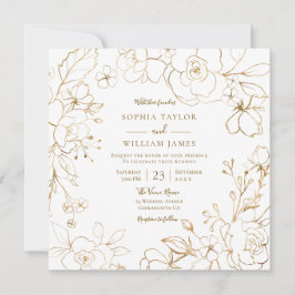 Golden Flowers Elegant Modern White Bröllop Invita Inbjudningar