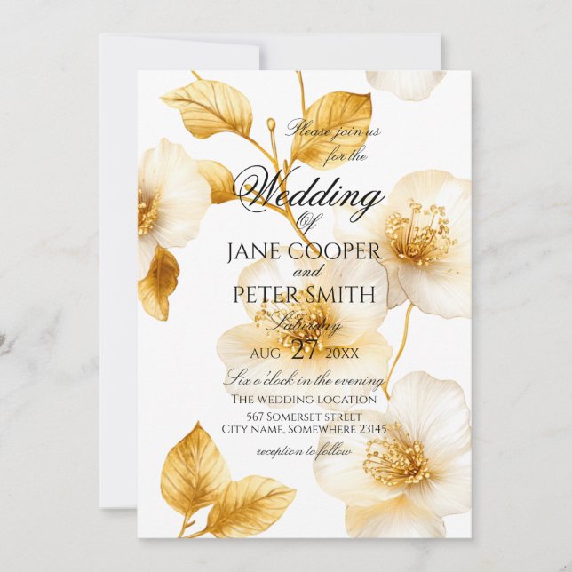 Golden flowers floral Wedding Invitation Inbjudningar (Framsida)