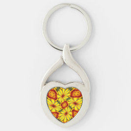 Golden Flowers Mönster Twisted Heart Silverfärgad Nyckelring
