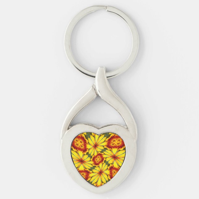 Golden Flowers Mönster Twisted Heart Silverfärgad Nyckelring (Framsidan)