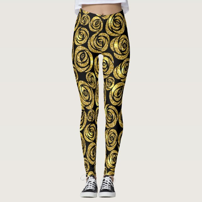 Golden Flowers på Black Background Leggings (Framsida)