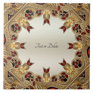Golden Flowers Red Gemstone Ceramic Tile Kakelplatta