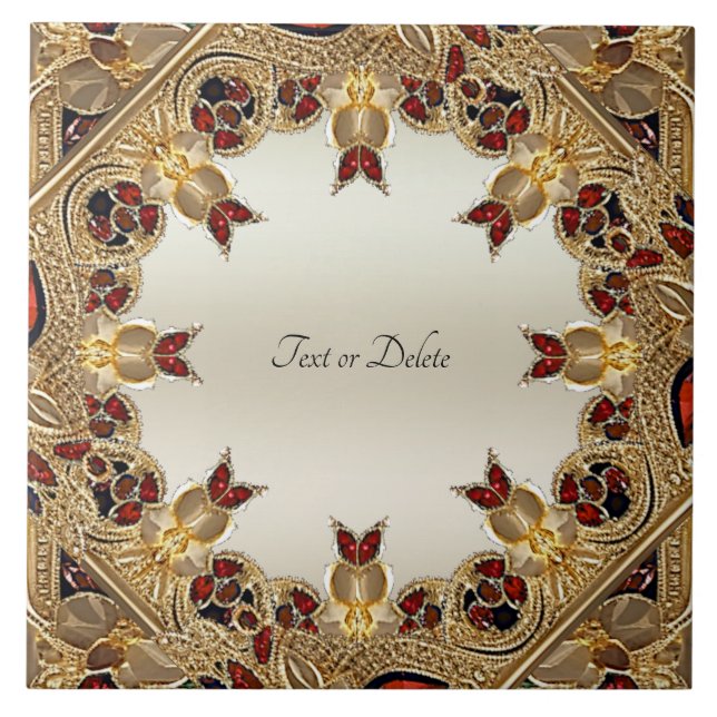 Golden Flowers Red Gemstone Ceramic Tile Kakelplatta (Framsidan)