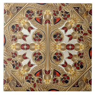 Golden Flowers Red Gemstone Ceramic Tile Kakelplatta