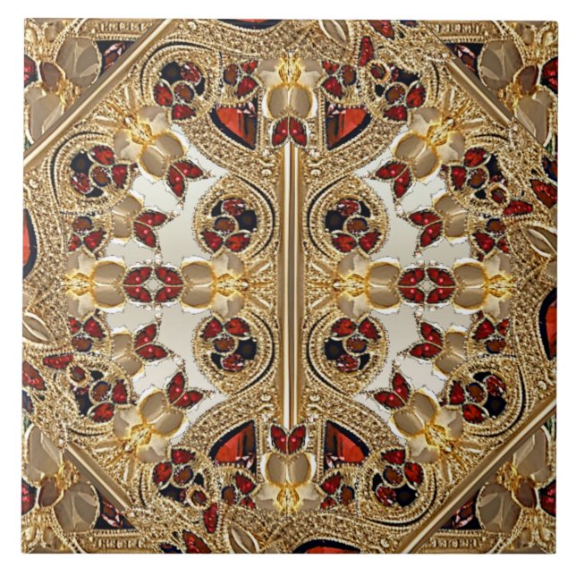 Golden Flowers Red Gemstone Ceramic Tile Kakelplatta (Framsidan)