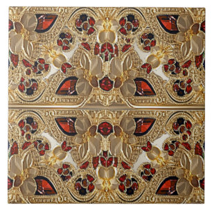 Golden Flowers Red Gemstone Ceramic Tile Kakelplatta