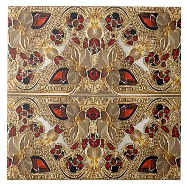 Golden Flowers Red Gemstone Ceramic Tile Kakelplatta (Framsidan)