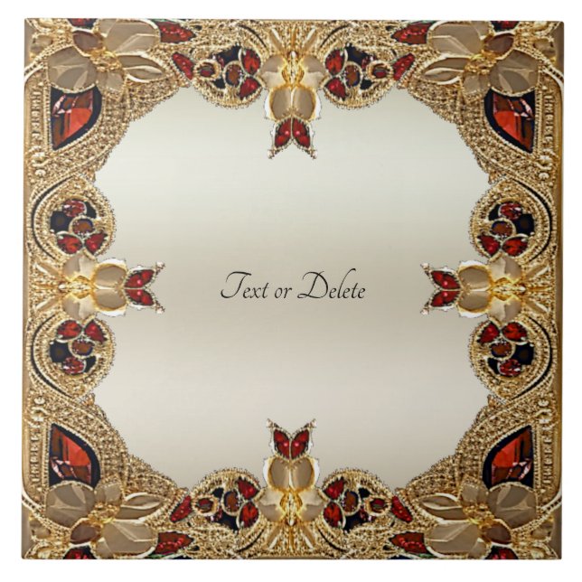 Golden Flowers Red Gemstone Ceramic Tile Kakelplatta (Framsidan)