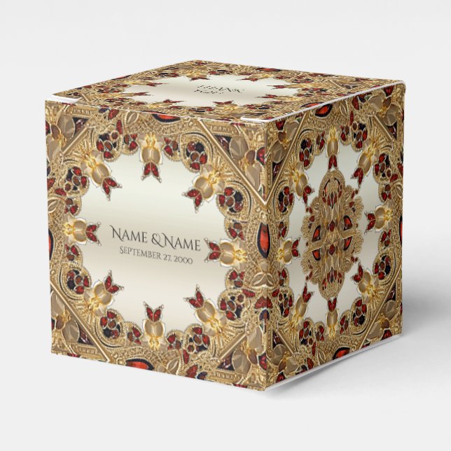 Golden Flowers Red Gemstone Favor Box Presentaskar (Framsidan Sidan)