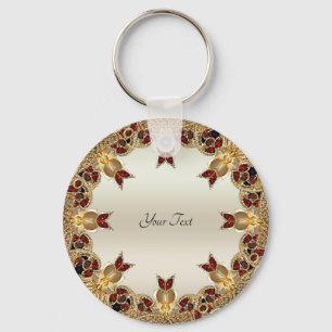Golden Flowers Red Gemstone Keychain Nyckelring