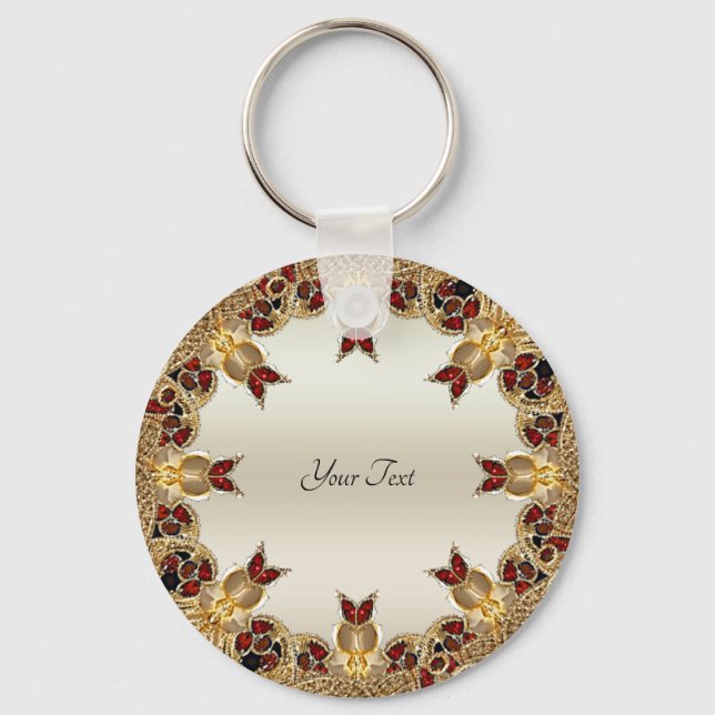 Golden Flowers Red Gemstone Keychain Nyckelring (Framsida)