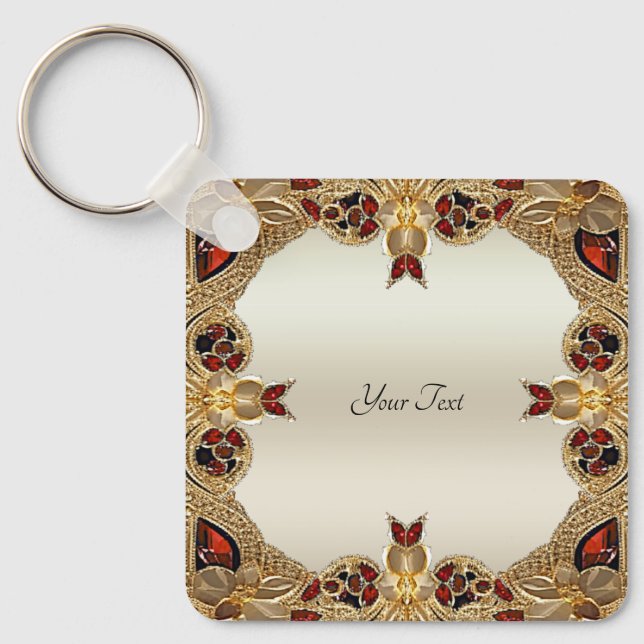 Golden Flowers Red Gemstone Keychain Nyckelring (Framsida)