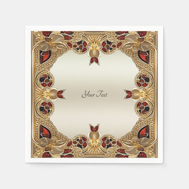 Golden Flowers Red Gemstone Napkins Pappersservett (Framsidan)