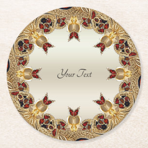 Golden Flowers Red Gemstone Papper Underlägg Rund