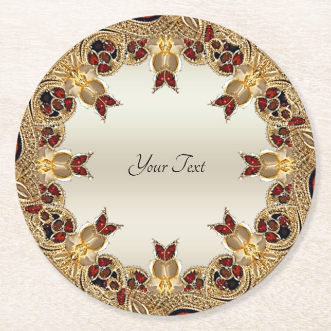 Golden Flowers Red Gemstone Papper Underlägg Rund (Framsidan)