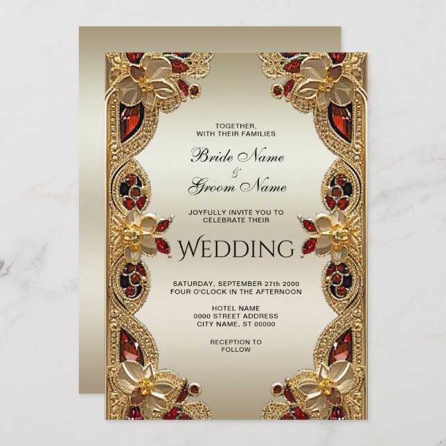 Golden Flowers Red Gemstone Splendor Bröllop Inbjudningar (Fram/baksida)