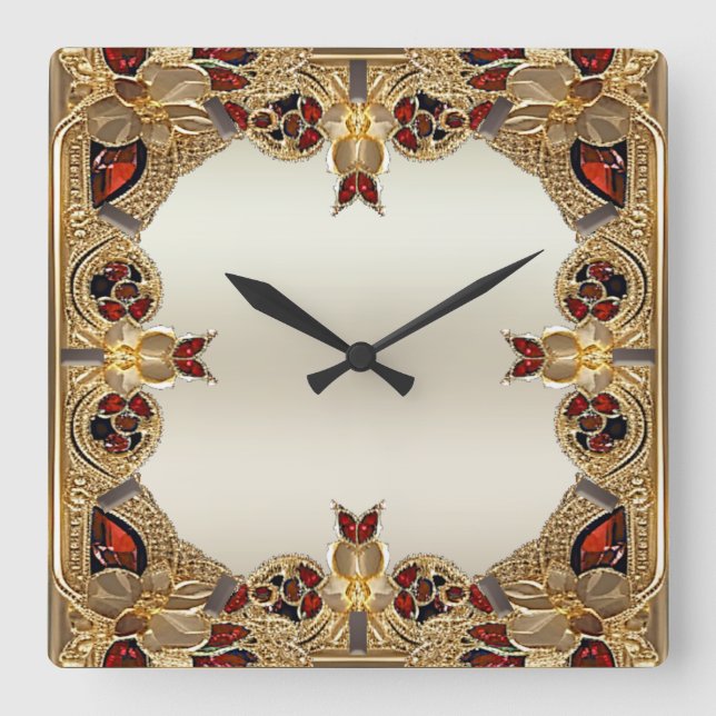 Golden Flowers Red Gemstone Wall Clock Fyrkantig Klocka (Framsida)