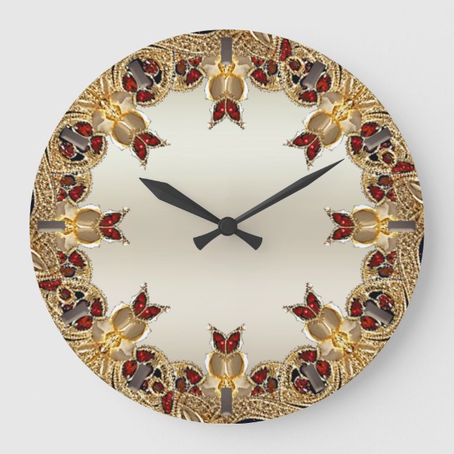 Golden Flowers Red Gemstone Wall Clock Stor Klocka (Framsida)