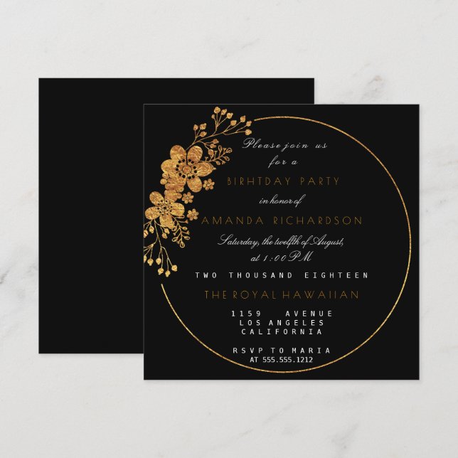 Golden Foil Blommigt Glam Vip Födelsedagsfest Inbjudningar (Fram/baksida)