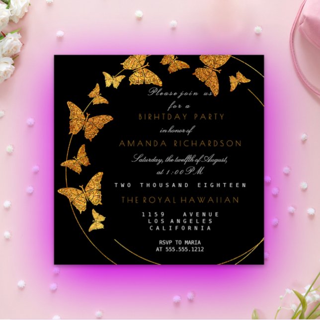 Golden Foil Butterfly Glam Vip Födelsedagsfest Inbjudningar (Golden Foil Butterfly Glam Vip Birthday Party Invitation)