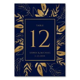 Golden Foliage | Elegant Guld marinblå Bröllop Bordsnummer