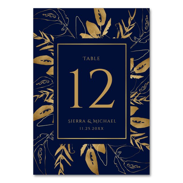 Golden Foliage | Elegant Guld marinblå Bröllop Bordsnummer (Framsidan)