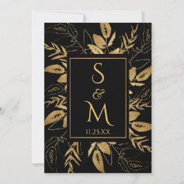 Golden Foliage | Elegant Guld Svarta Bröllop Inbjudningar