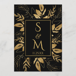 Golden Foliage | Elegant Guld Svarta Bröllop Inbjudningar