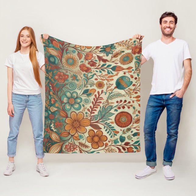 Golden Folk Art Tapestry Fleect Blanket Fleecefilt (På plats)