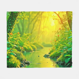 Golden Forest Stream Peaceful Art Fleecefilt