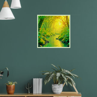 Golden Forest Stream Peaceful Art Poster